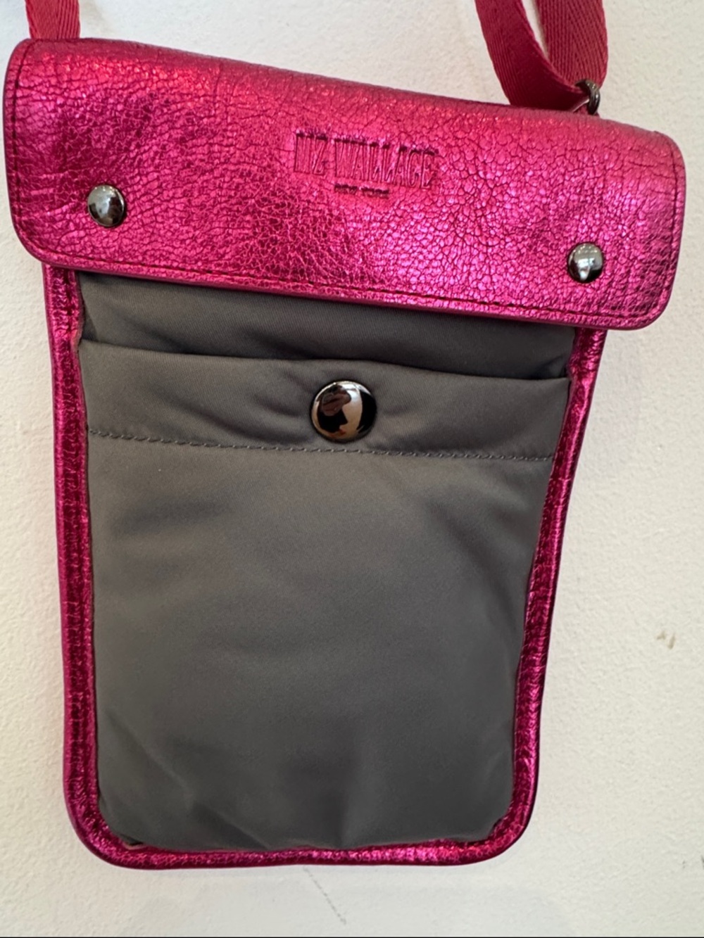 MZ Wallace Metallic Pink Crossbody Phone Pouch with Gray Front Pocket